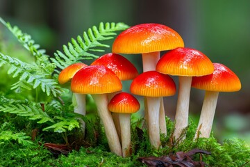 Vibrant orange mushrooms growing in lush green mossy forest