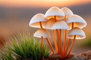 Fototapeta premium Glowing mushrooms growing in grass at sunset