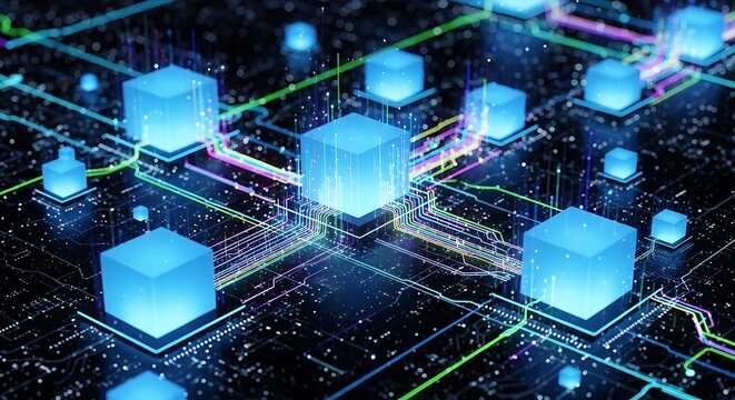 Futuristic glowing blue cubes connected by vibrant light trails on a dark digital circuit board