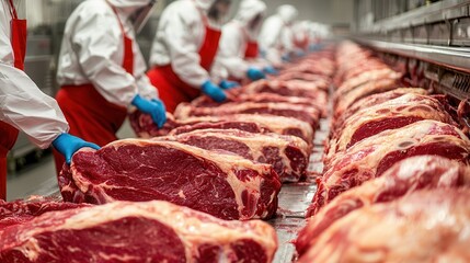 A processing facility where workers in protective gear handle large cuts of meat on a conveyor line.