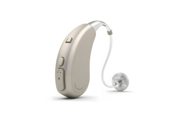 Beige hearing aid, studio shot, white background, audiology