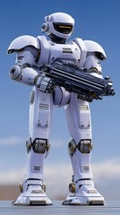 Naklejka premium A sleek, metallic humanoid robot stands tall against a bright blue sky, showcasing advanced technology and engineering.