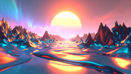 A vibrant, surreal alien landscape with a large glowing sun, reflective metallic rivers, and colorful aurora borealis in the sky.