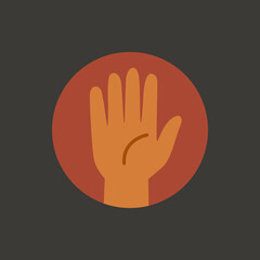 Flat vector illustration of a raised hand. Represents stop, attention, and participation.