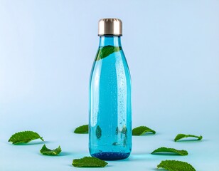 Teal water bottle with mint leaves