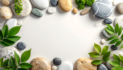 A serene frame of smooth, colorful spa stones and fresh green leaves arranged on a clean white background, perfect for wellness and nature themes.