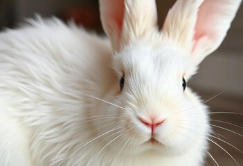 A pristine white rabbit, fluffy fur, long ears, pink nose,   rex.,  lop