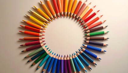 A vibrant circular arrangement of numerous colored pencils, showcasing a full spectrum of hues on a clean white background, perfect for art and creativity.