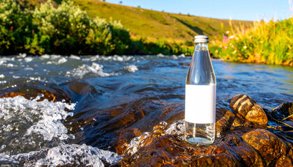 A clear glass bottle of water resting on a rock in a flowing river, symbolizing purity, freshness, and natural health.