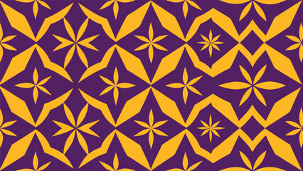 Geometric pattern of yellow starbursts and diamonds on a deep purple background abstract blue