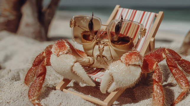 funny crab wearing oversized sunglasses and relaxing on a beach chair in the sand, retro cinematic, perfect for summer posters, editorial design, lifestyle branding or playful ad