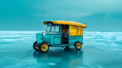 Fototapeta premium Vintage Teal and Yellow Car on a Frozen Lake