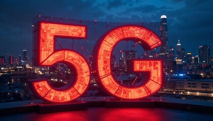 Obraz premium 5G letters glowing in red and orange light, urban night skyline in background, technology advertisement style.