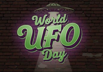 World ufo day celebration design on brick wall art with spacecraft glow