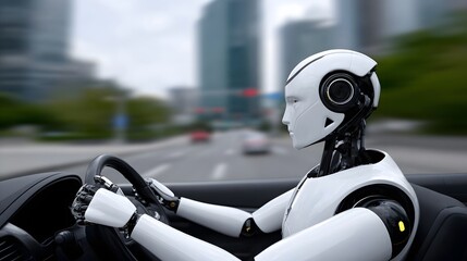 A futuristic robot driving an autonomous vehicle through a modern urban cityscape, showcasing the potential of advanced transportation technology.