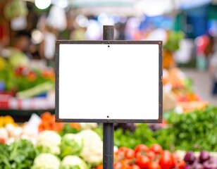 Blank Sign at Farmers Market with Fresh Vegetables.