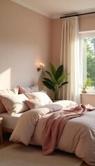 Serene bedroom designed with calming colors and soft textures, promoting a peaceful and compassionate atmosphere Ideal for relaxation and self-care , blanket, self-care, sheets