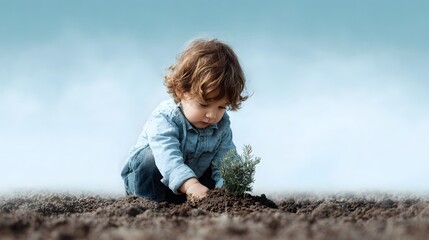 Young child carefully planting a small tree sapling in rich soil under a bright sky symbolizing growth and environmental care