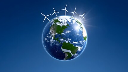Naklejka premium The Earth surrounded by wind turbines, representing renewable energy sources powering a sustainable and eco-friendly future.