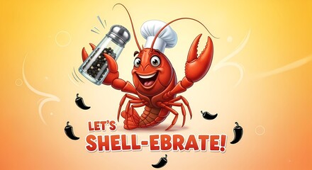 Cheerful lobster chef celebrating with pepper shaker on vibrant background for culinary celebration themes