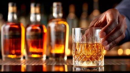 Bartender serving glass of whisky in upscale bar