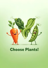 Cartoon vegetables promoting plant-based diet with happy carrot, peapod, and leafy greens on light green background