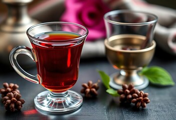 Fototapeta premium A small glass of strong Turkish tea, beside a traditional tulip-shaped glass and a sugar bowl, sugar bowl, afternoon