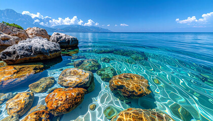 Crystal clear turquoise water gently laps against sun-drenched rocks on a beautiful, tranquil coastline under a bright blue sky.