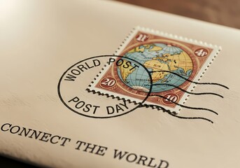 World post day celebration with vintage stamp featuring global map on envelope for communication and connection