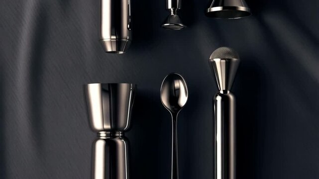 Shiny cocktail set rotating on dark satin background