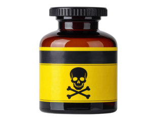 A dark amber bottle featuring a yellow label with a skull and crossbones, indicating a hazardous substance.