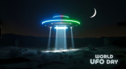 Futuristic night scene with ufo illuminating desert landscape for world ufo day design