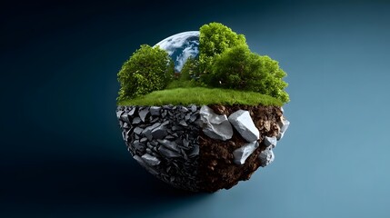 A symbolic representation of a sustainable and eco-friendly earth, with lush vegetation and renewable resources emerging from the planet's surface.