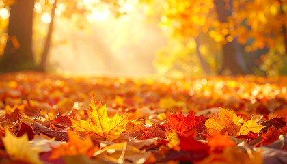 A beautiful, low-angle view of vibrant red and yellow autumn leaves covering the ground, with a soft, sunlit forest in the background.