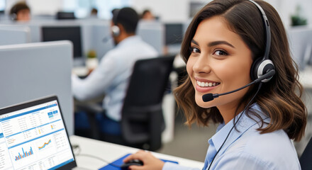 Smiling Hispanic Female Customer Service Agent with Headset Working on a Laptop in a Modern Call Center Office
