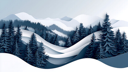 Serene Winter Landscape Paper Cut Art of Snow-Covered Mountains and Evergreen Forests