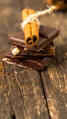 Dark chocolate bars stacked, cinnamon stick tied with twine, rustic wooden surface