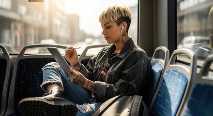 Mixed race alternative woman with short blonde hair sits on a city bus, focused on her tablet computer with wireless earphones in, bathed in sunlight.