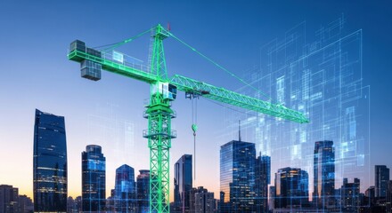 Construction Crane in Modern City Skyline with Digital Overlay