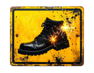 A black boot with a rugged sole, featuring sparks, set against a bright yellow background.