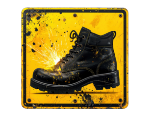 A bold black boot with a rugged design, splattered with paint on a striking yellow background, conveys a sense of strength and durability.