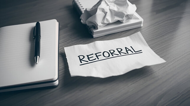 On the table is a pen, notebooks and a crumpled sheet of paper with the inscription - REFERRAL - Powered by Adobe