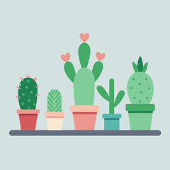 Charming collection of potted cacti with heart shaped flowers on a shelf