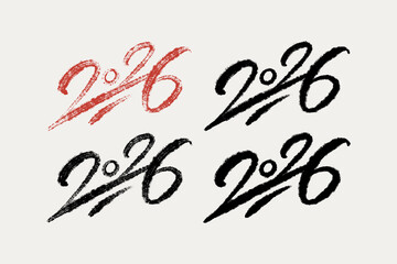 2026 vector hand drawn ink designs for Happy New Year poster. Minimalistic horizontal compositions oriental style graphic 2026 numbers. Brochure design template, card, banner.