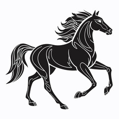 Obraz premium Silhouette of a black horse with white outline galloping on a white background in a stylized design created with generated ai