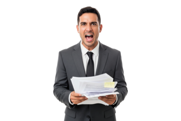 Angry businessman in a suit shouting due to work stress and paperwork.
