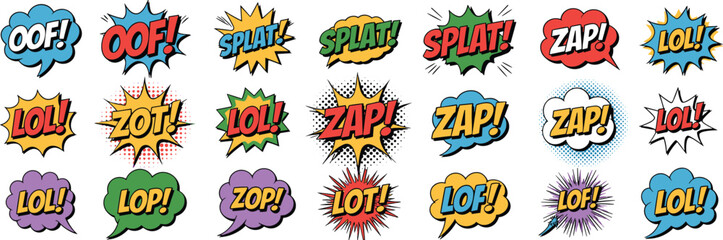 Comic sound effect bubble set, colorful pop art text zap lol splat oof zot, cartoon style explosion word collection