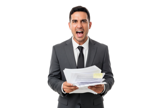Angry businessman in a suit shouting due to work stress and paperwork.