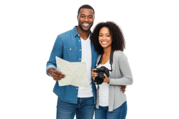 Happy young African American tourist couple holding a map and a camera.