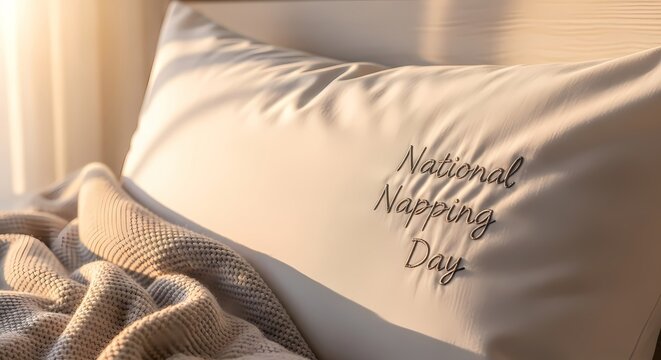 Cozy bed with sunlight and blanket celebrating national napping day - perfect scene for restful moments and relaxation - Powered by Adobe